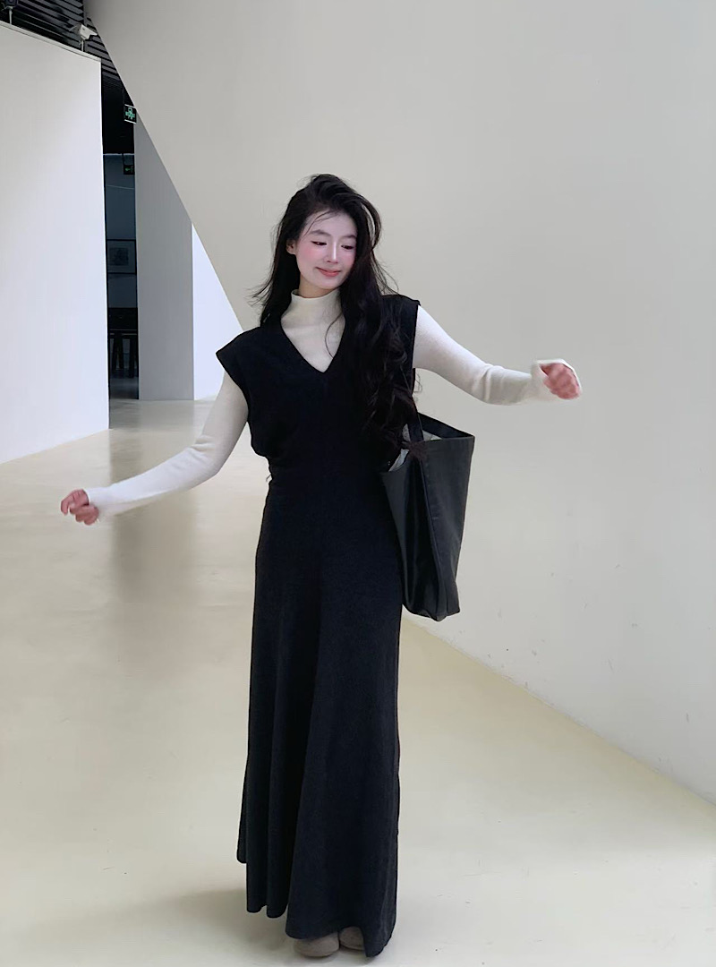 實拍  慵懶時光 可疊穿掐腰無袖羊毛針織裙+百搭半高領上衣