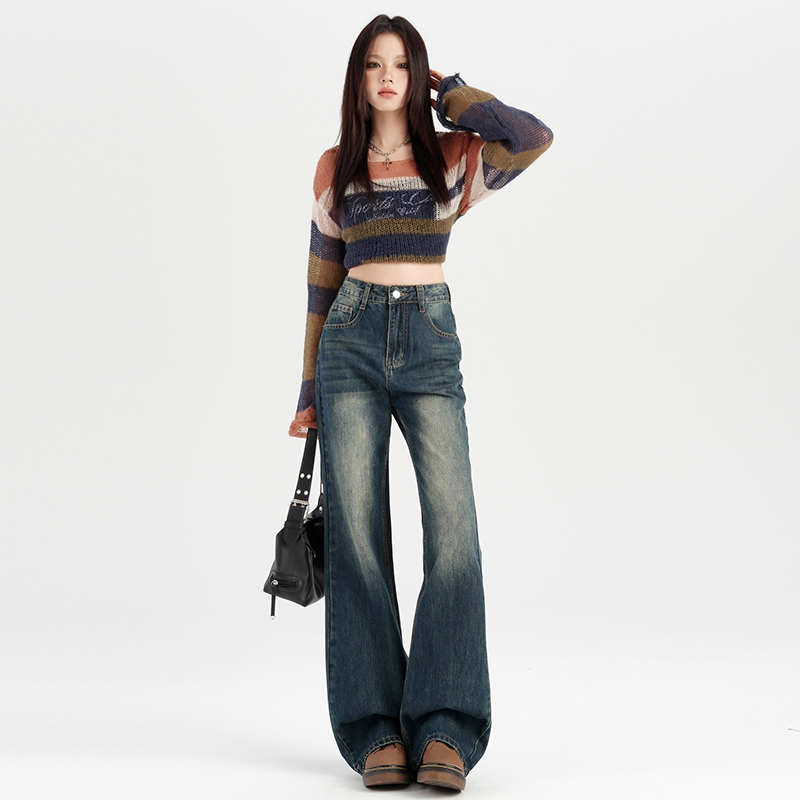 American Retro Blue Women's Jeans 2025 Autumn New High-Waisted Slimming Hot Girl Straight Leg Wide Leg Narrow Floor-Length Pants