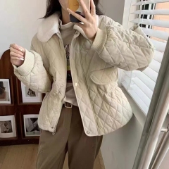 Korean chic lamb wool lapel rhombus short cotton coat for women