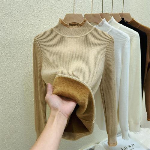 Women's 2024 Autumn/Winter Semi-High Collar Lace Edge Seamless Thick Warm Knit Top for Layering