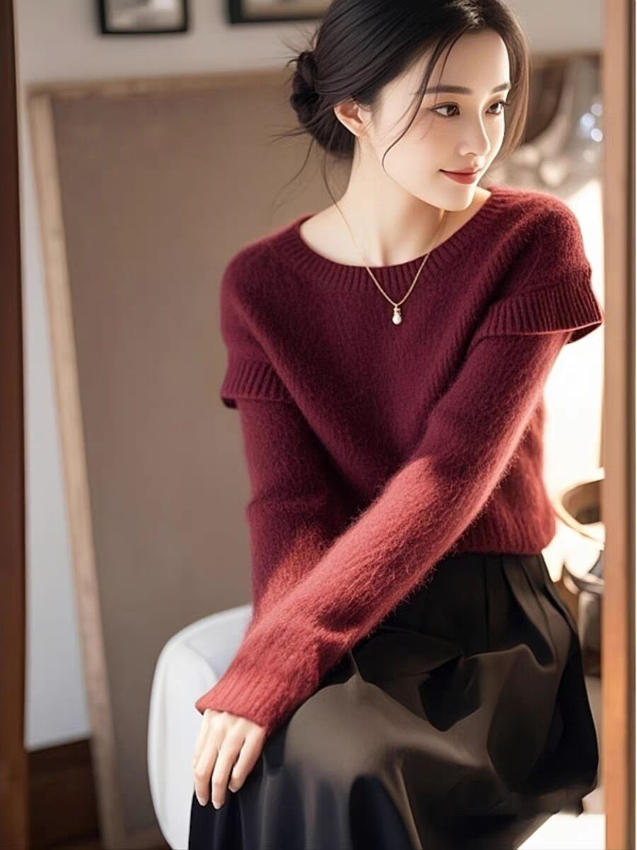 Ankerla Red Cashmere Women's 2024 Autumn/Winter New Soft Petite Size Very Pretty Knit Top