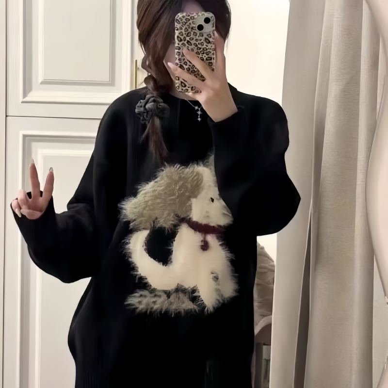 Lazy Style Black Dog Print Cashmere Cardigan for Women - Autumn/Winter New Arrival Loose Crew Neck Knit Top