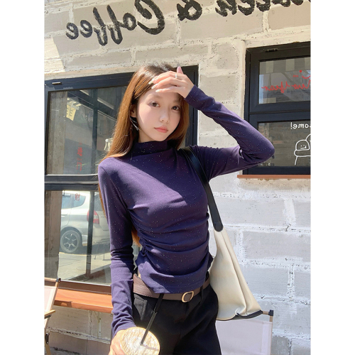 Thin glitter half turtleneck bottoming shirt for women autumn and winter high-end slim fit waist top