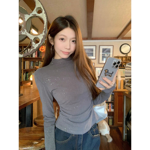 Thin glitter half turtleneck bottoming shirt for women autumn and winter high-end slim fit waist top