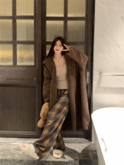 Mixed color sweater jacket, casual lazy plaid trousers, three-piece autumn set