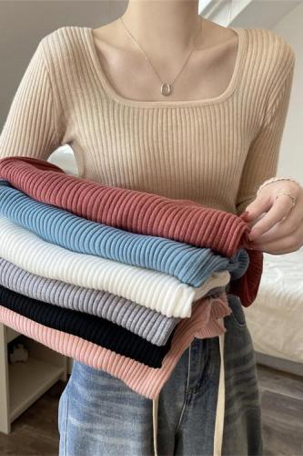 Temperament knitted sweater for women in autumn and winter U-neck slim pit strip inner sweater