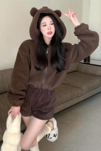 Actual shot ~ Cute bear sweatshirt jacket + shorts, new autumn and winter home clothes set that can be worn outside