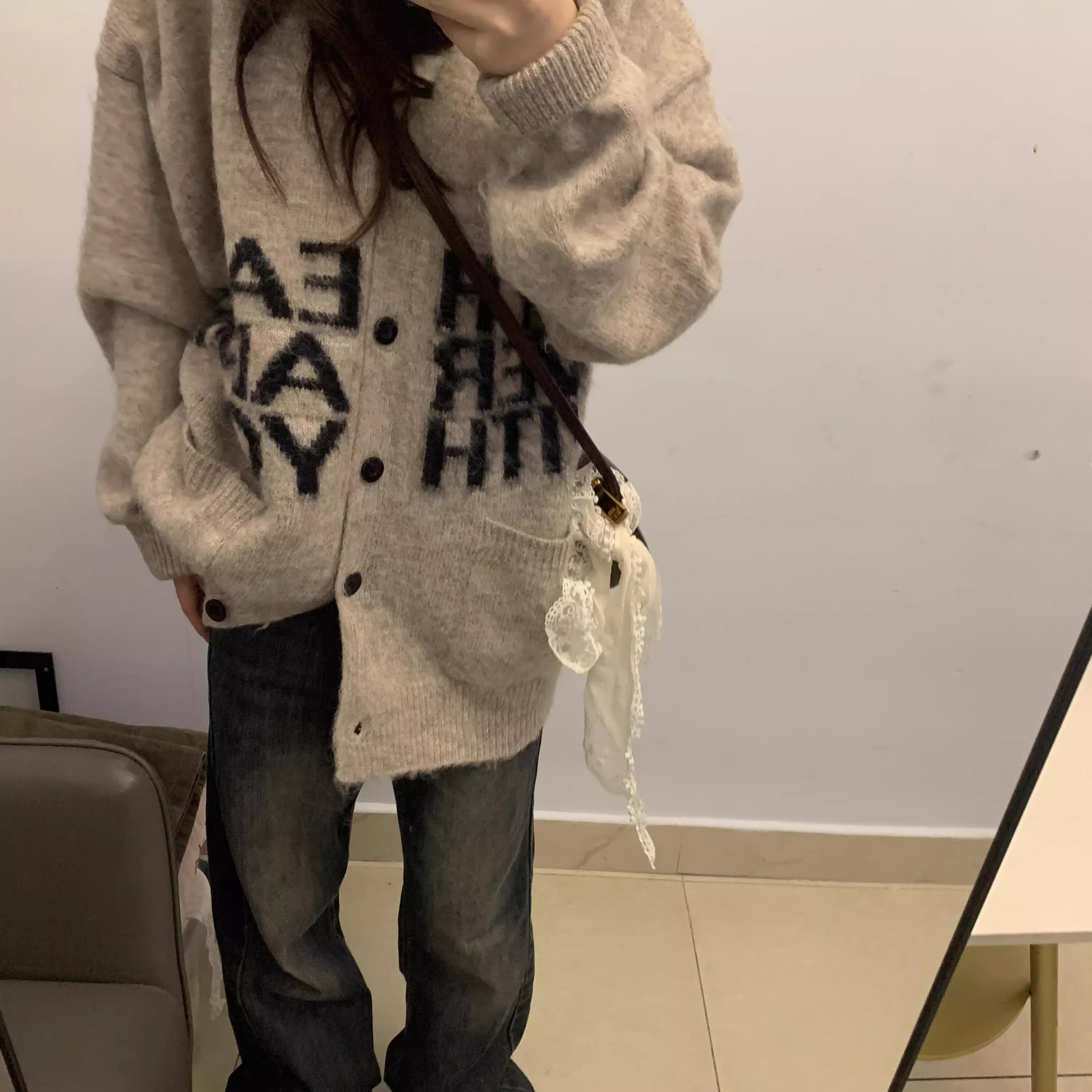 Lazy style soft waxy sweater cardigan for women autumn and winter American high-end wear letter jacquard loose knitted jacket trendy