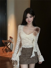Photographed French-style hollowed-out sweet and spicy floral lace women's autumn and winter long-sleeved slimming short-sleeved top