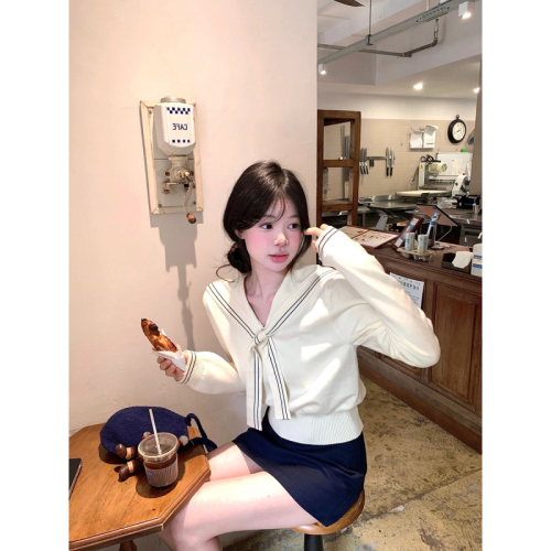 Ryoko China navy collar shawl sweater women's 2024 autumn and winter short slim fit top