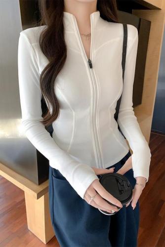 Korean style hot girl lapel zipper long-sleeved jacket women's slim-fitting inner layered shirt and tight top