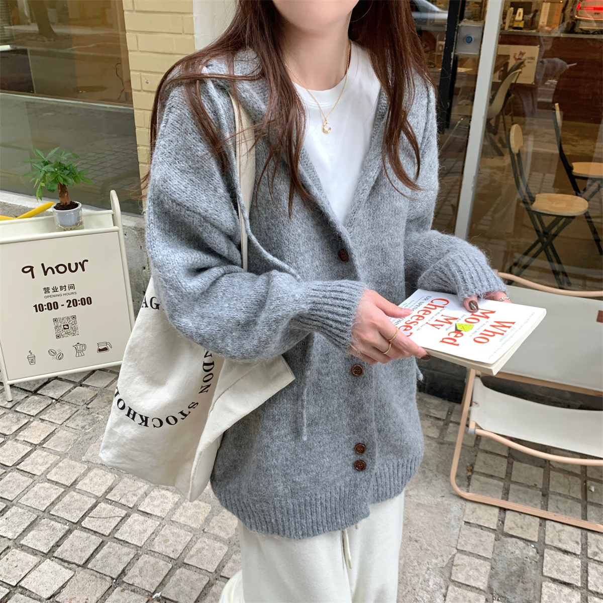 Real shot of autumn and winter Korean style loose hooded lazy long mohair versatile sweater long-sleeved sweater jacket