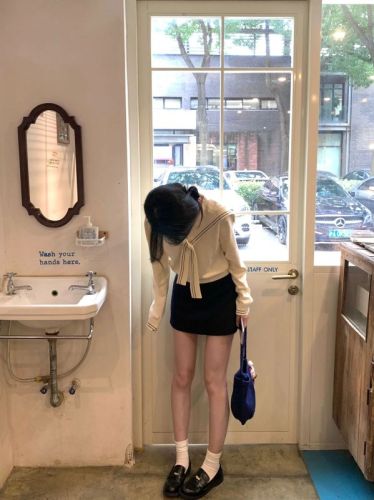 Ryoko China navy collar shawl sweater women's 2024 autumn and winter short slim fit top