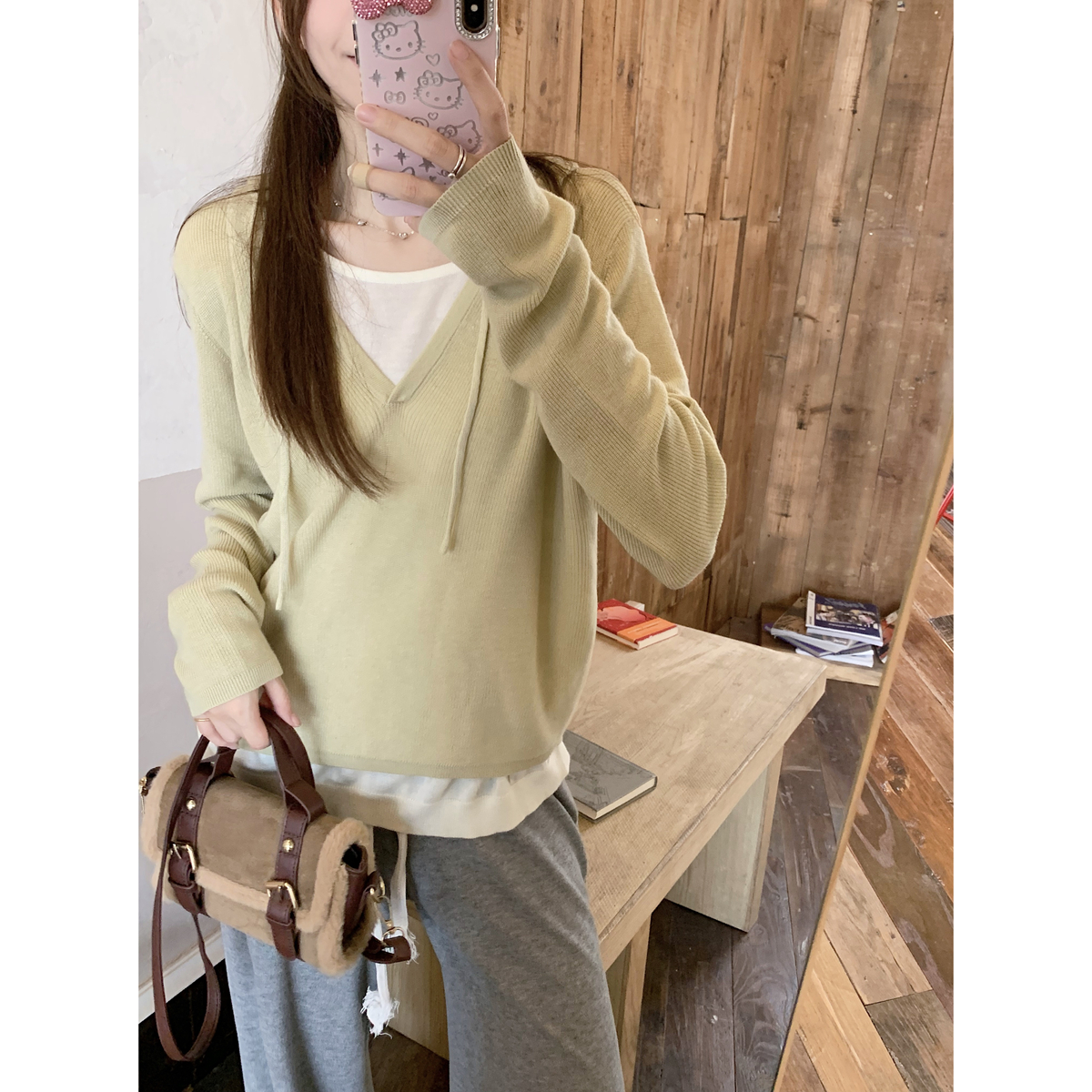Real shot of autumn and winter Korean style loose contrasting color hooded lazy 6 wool sweater bottoming long-sleeved sweater for women