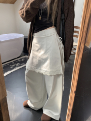 Design niche white strap fake two piece lace splicing casual pants straight wide leg pants