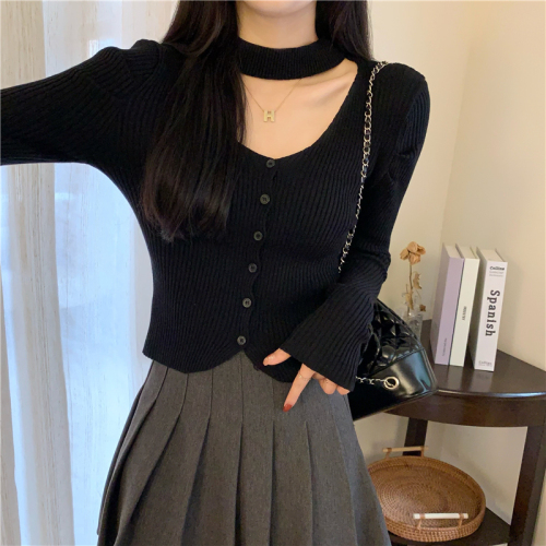 Actual price French puff sleeve knitted bottoming shirt for women with autumn and winter style v-neck halter top
