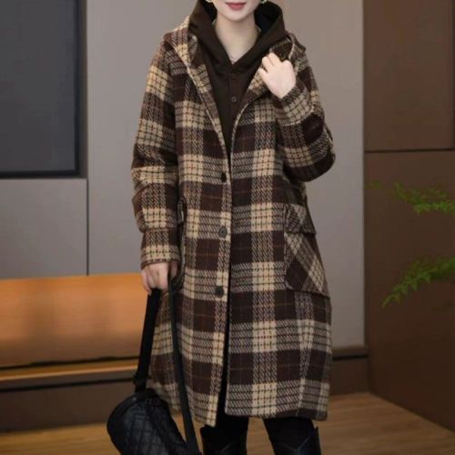 Official picture original quality fashionable plaid mid-length woolen coat autumn and winter large size hooded woolen coat