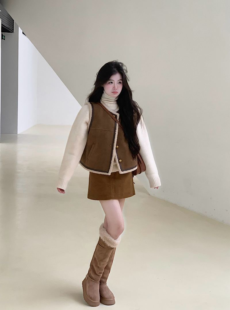 Women's Fashion American Retro Motorcycle Short Jacket + High-Waisted Slim Corduroy Skirt