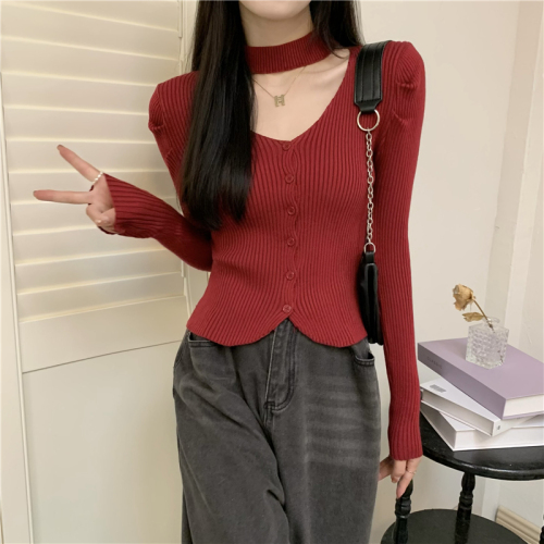 Actual price French puff sleeve knitted bottoming shirt for women with autumn and winter style v-neck halter top