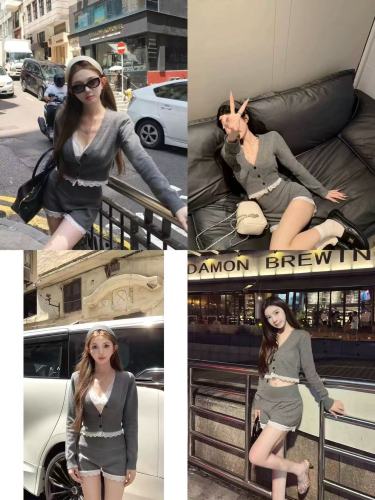 South Korea's Dongdaemun sweet heartba Guaiguai white lace long-sleeved sweater top shorts gray knitted suit