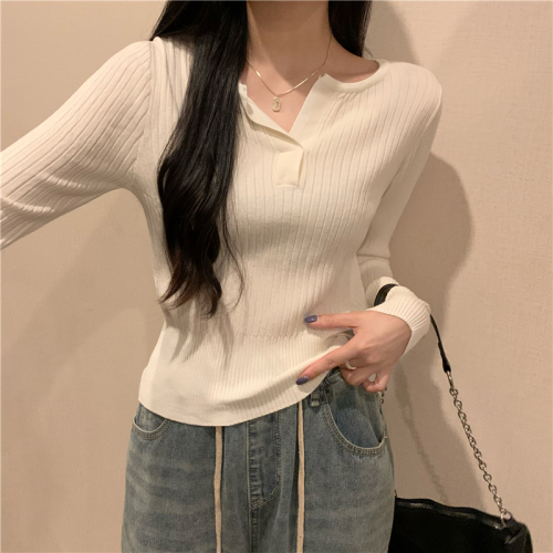 Actual shot price Solid color V-neck slim and versatile long-sleeved knitted bottoming shirt T-shirt top for women