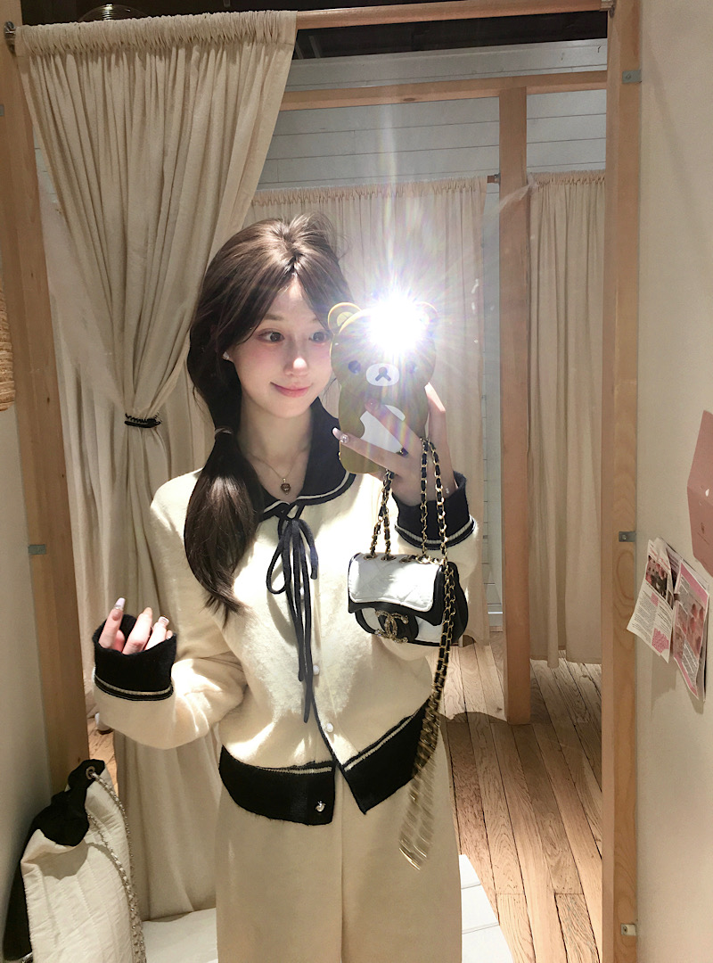 實拍 法式娃娃領減齡針織衫女新款撞色氣質毛衣開衫外套
