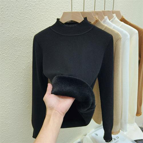 Women's 2024 Autumn/Winter Semi-High Collar Lace Edge Seamless Thick Warm Knit Top for Layering
