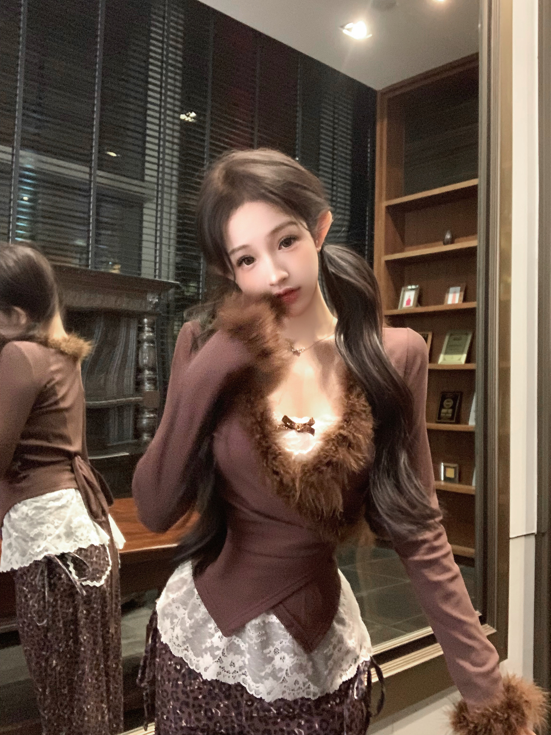秋冬純欲顯瘦小眾蕾絲內搭開衫套裝直筒豹紋垂感休閒褲三件套