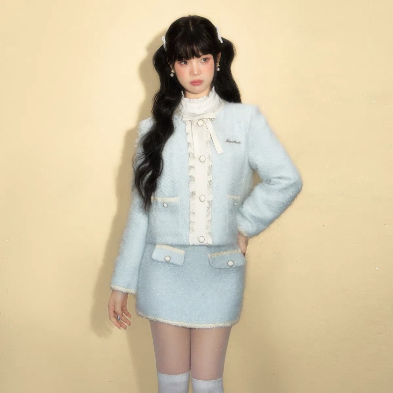 Blue wealthy daughter's wool small fragrant coat women's short autumn and winter high-end autumn wear suit skirt