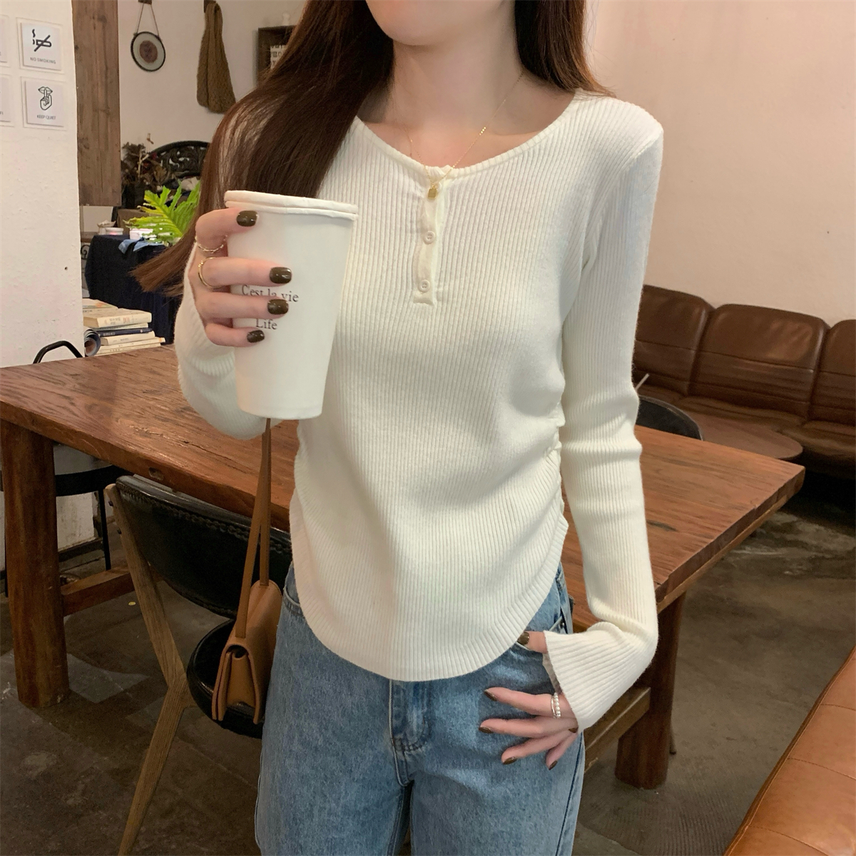 Real shot of autumn and winter Korean style round neck button pleated slimming Andy velvet sweater bottoming long-sleeved sweater for women