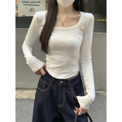 Actual shot of autumn and winter Korean style slim square collar fishbone design temperament long-sleeved bottoming T-shirt top for women