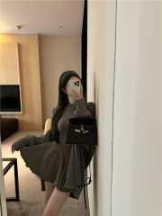 Real shot of pure desire waist slimming bottoming skirt high collar puff skirt versatile long-sleeved dress for women