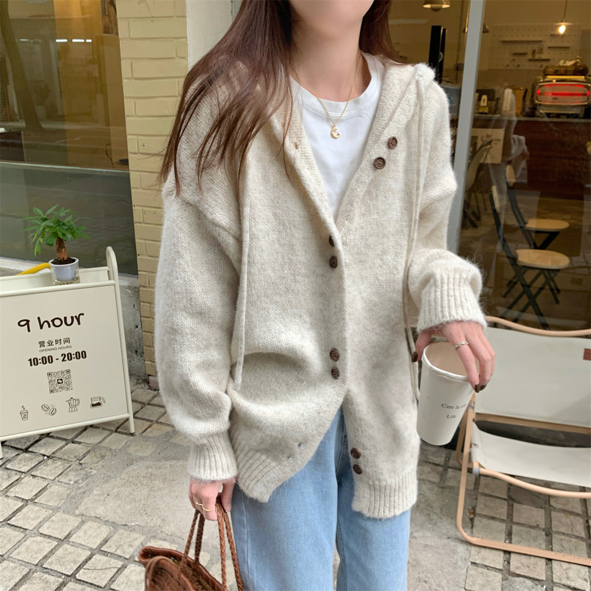 Actual shot of autumn and winter Korean style loose hooded lazy long mohair soft waxy sweater long-sleeved sweater jacket