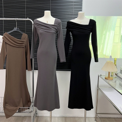 實拍 美拉德純欲風辣妹性感露肩連衣裙2024秋季新款包臀裙女