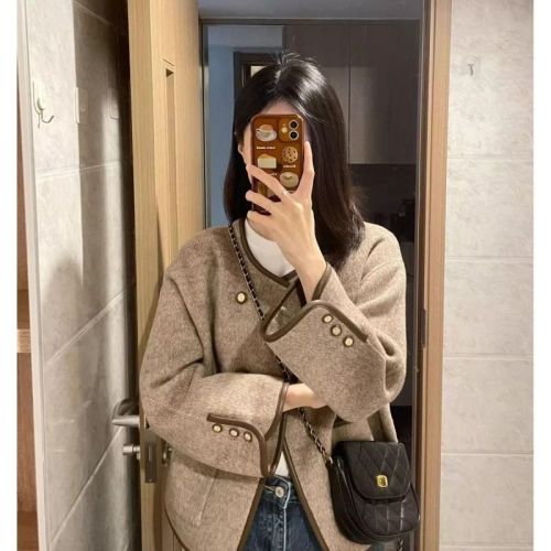 French Hepburn style round neck woolen coat for women Maillard 2024 autumn retro temperament loose casual woolen top