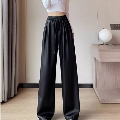 Brown windproof wide-leg leather pants for women 2024 autumn and winter new high-waisted loose slimming straight-leg drape casual pants