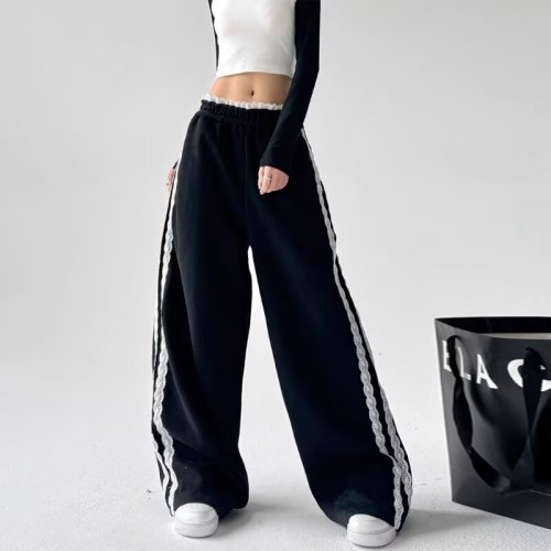 Trendy casual sweatpants for women autumn and winter 2024 new high-waisted spliced ​​lace drape slim sports wide-leg pants