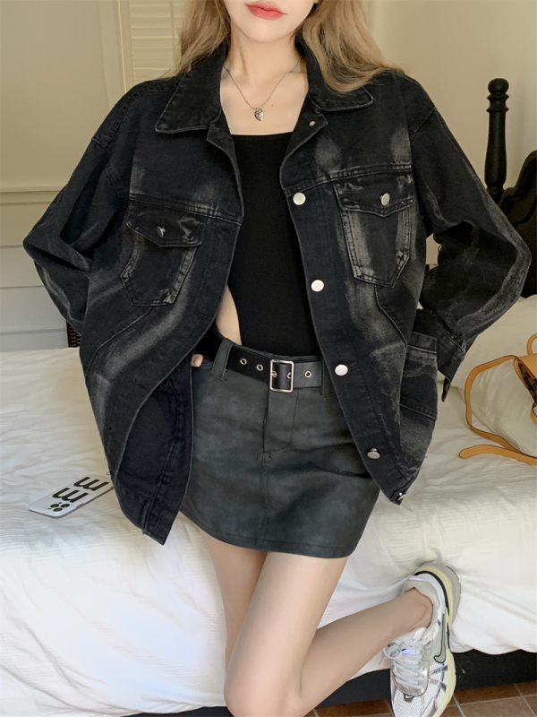 Black tie-dye washed denim jacket for women autumn American retro street loose couple jacket trendy