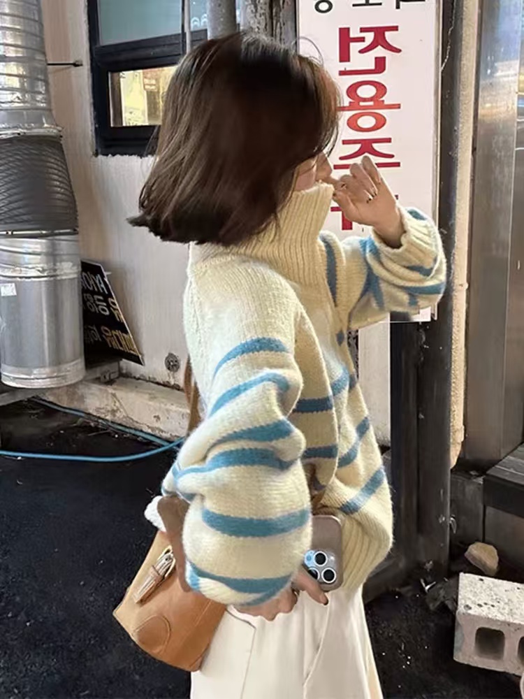 韓式高領半拉鏈條紋領口設計感撞色洋氣針織衫女潮流減齡開衫上衣