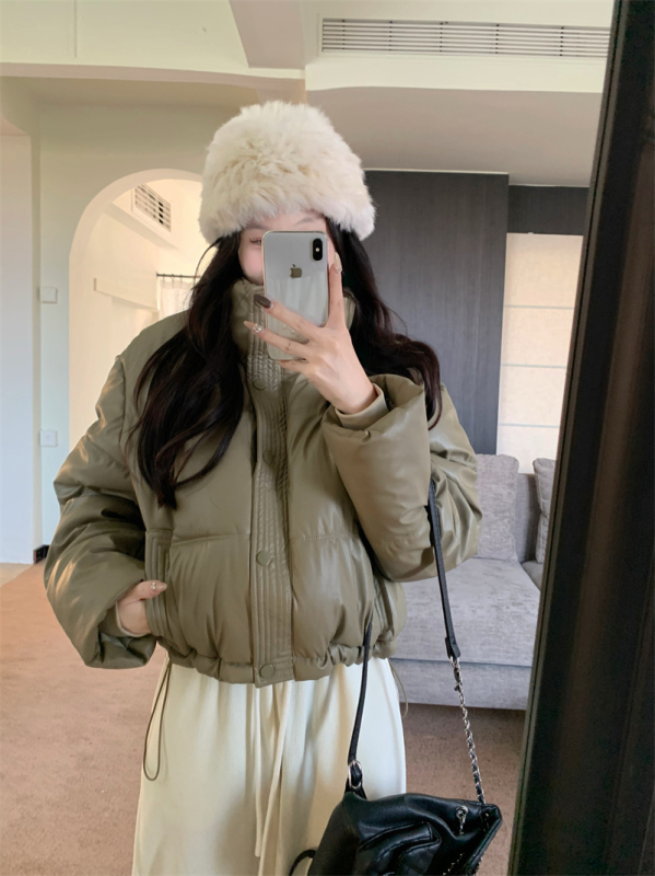pu leather short cotton coat for women winter thickened stand collar bread coat small man ken bean coat