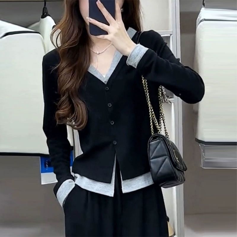 Official picture button cardigan fake two-piece long-sleeved T-shirt for women autumn Korean version slim-fitting short bottoming shirt top