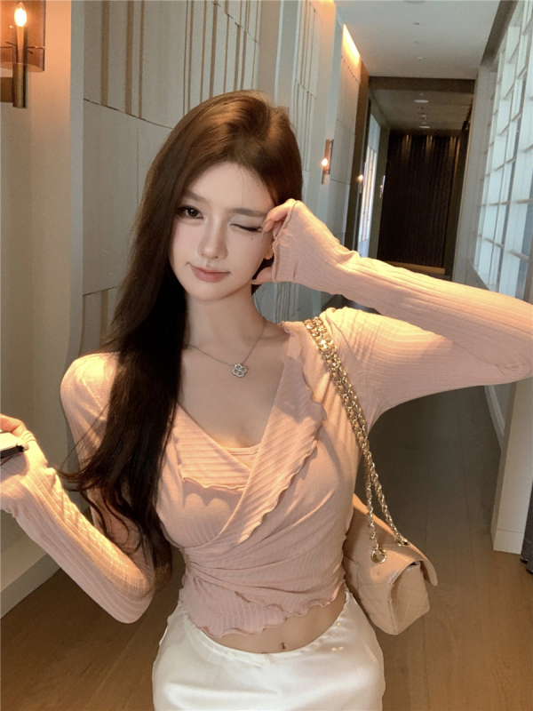 Retro sexy wavy edge slimming fake two-piece inner and outer top T-shirt for women