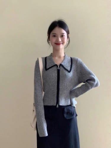 Contrast color lapel knitted cardigan zipper jacket for women 2024 autumn and winter new slim fit sweater long-sleeved top