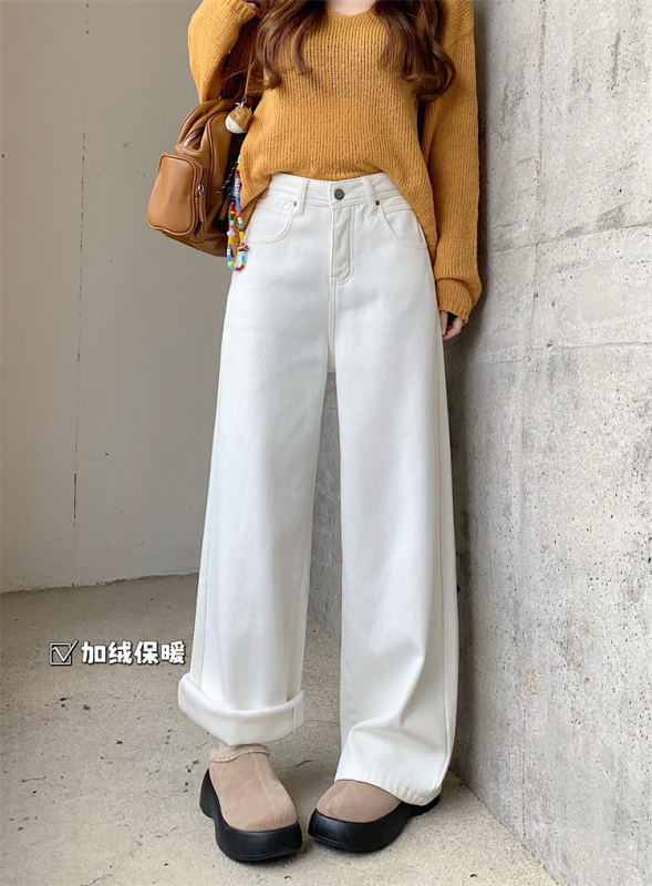 Autumn and winter off-white velvet thickened jeans women's high-waisted straight wide-leg slim floor-length trousers