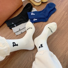 Real shot Korean version of warm ins trendy letter P autumn and winter sports socks for couples all seasons long socks mid-calf socks for men and women
