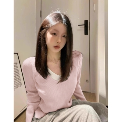 Autumn Korean style fake two-piece long-sleeved sweater T-shirt for women, soft and waxy slim-fit bottoming top for women