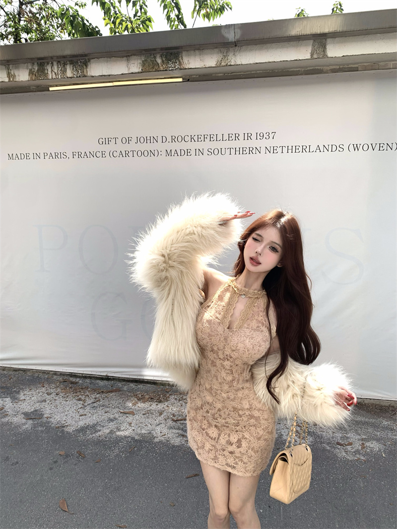 Real shot French heavy industry sleeveless lace v-neck waist slimming dress