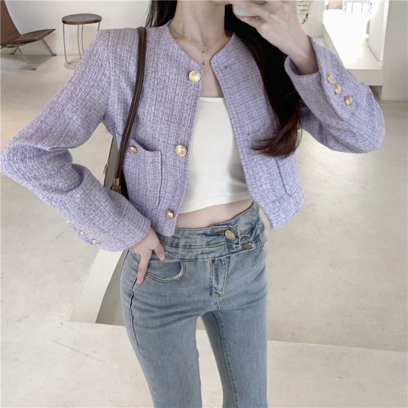 Socialite temperament, fashionable, casual, versatile design, tweed short jacket with gold buttons