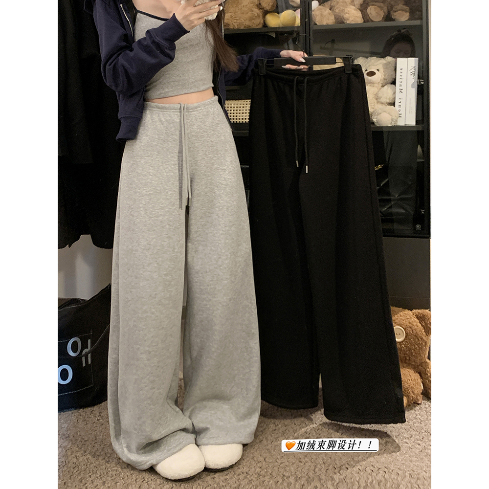 Real shot!  2024 velvet leggings personalized sweatpants with elastic waist and drawstring slimming straight loose low-waisted pants for women