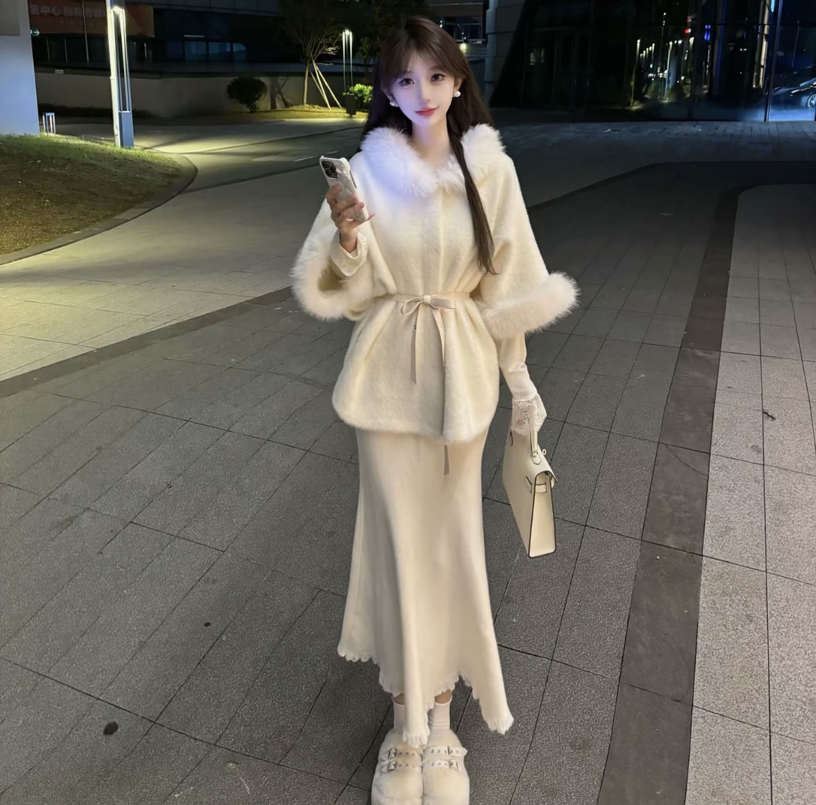White faux fur collar coat for women with a sense of elegance in autumn and winter + slimming fish-tail knit skirt